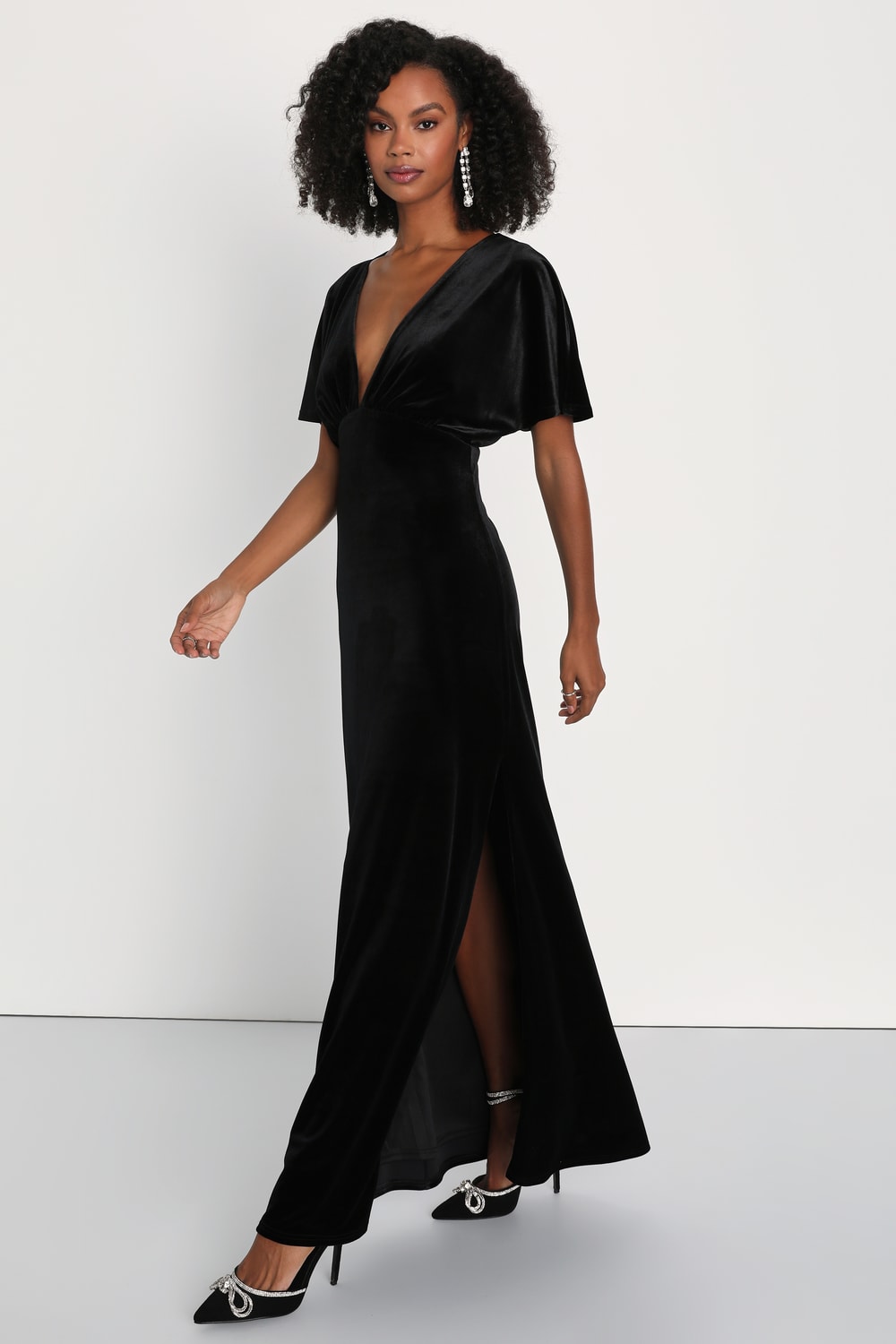 Mystical Charm Black Velvet Flutter Sleeve Maxi Dress