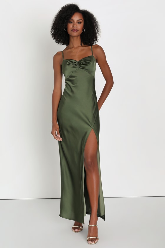 Olive Green Satin Dress - Maxi Slip Dress - Ruched Maxi Dress - Lulus