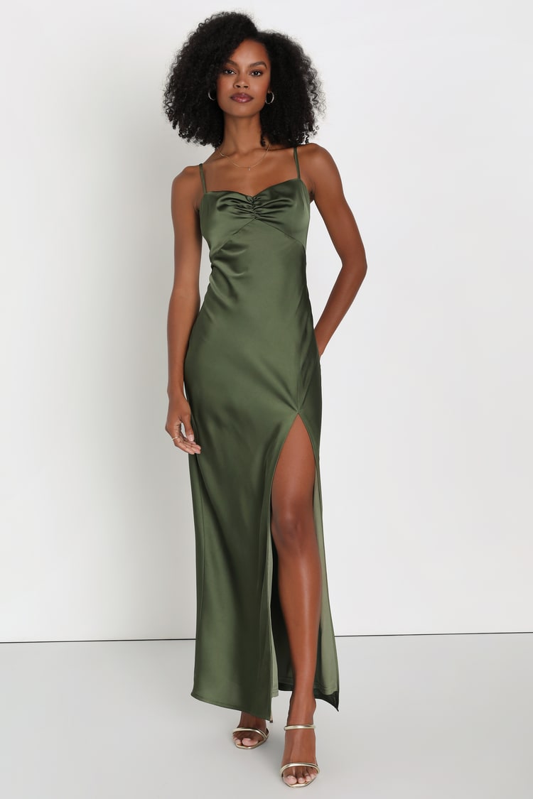 Serene Beauty Olive Green Satin Ruched Backless Maxi Slip Dress