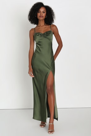 green satin slip dress Olive Silk 5% Spandex Olive Green Satin Dress -