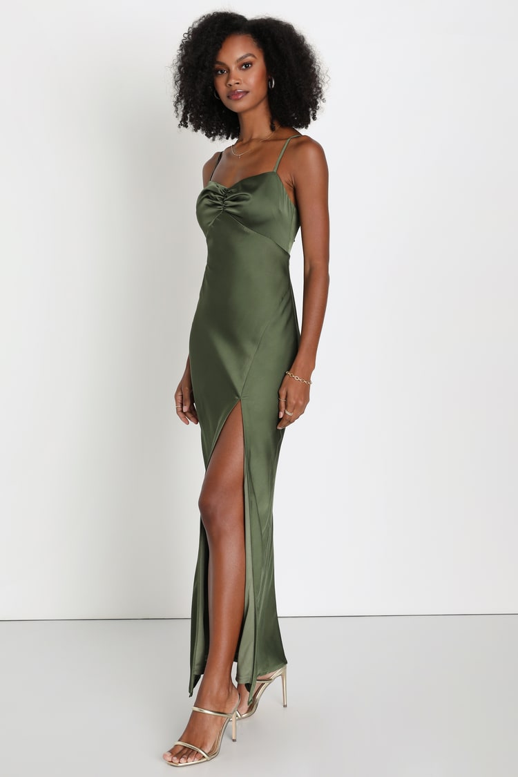 Olive Green Satin Dress - Maxi Slip Dress - Ruched Maxi Dress - Lulus
