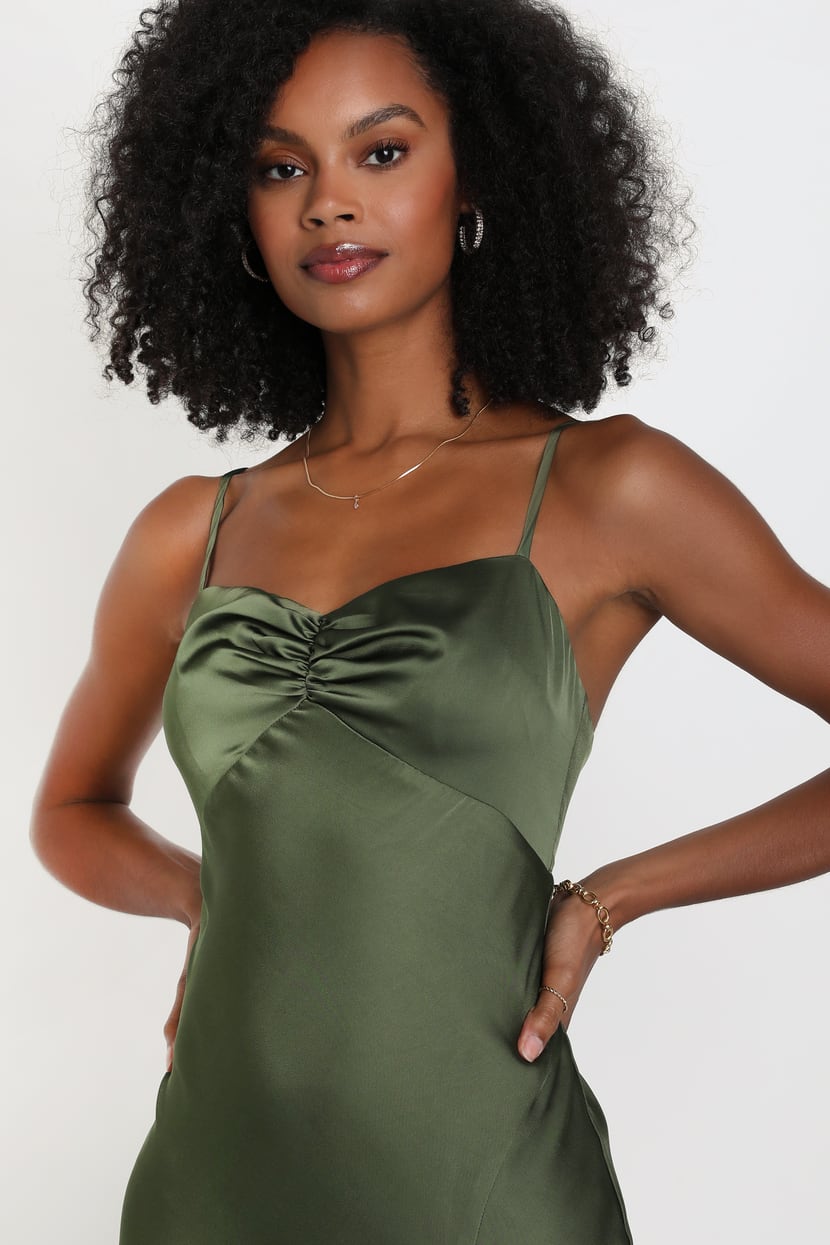 Olive Green Satin Dress - Maxi Slip Dress - Ruched Maxi Dress - Lulus Olive Green Satin Dress - Maxi Slip Dress - Ruched Maxi Dress - Lulus