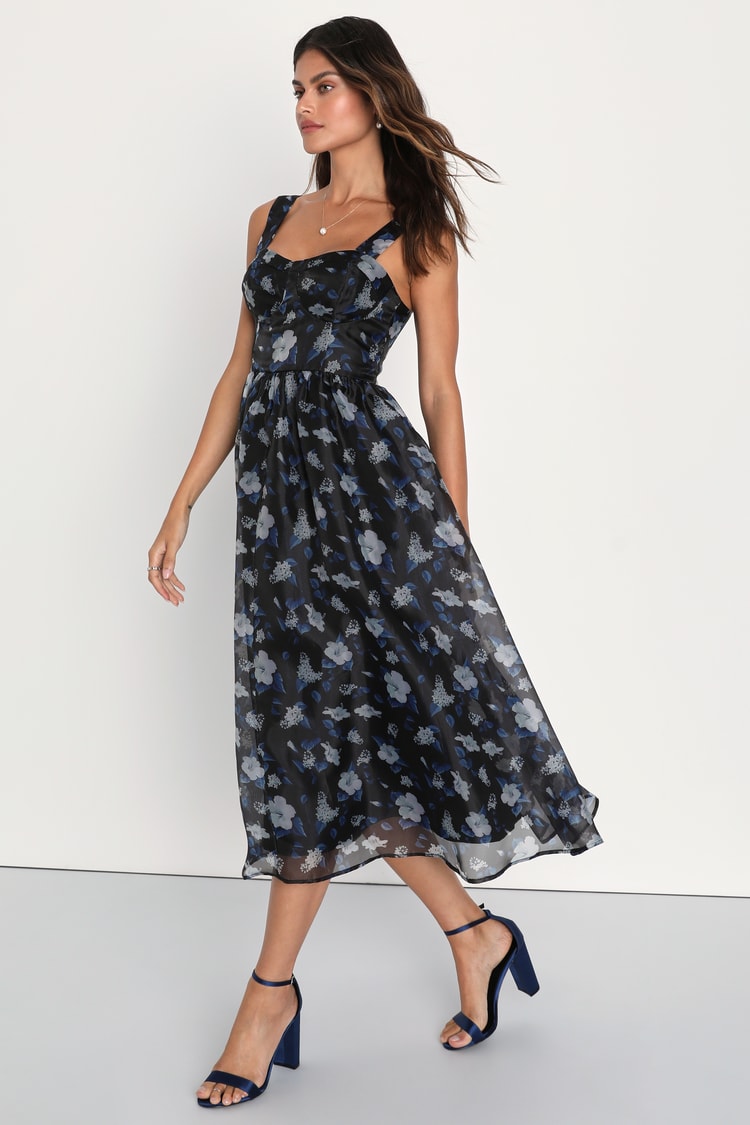 Delightful Look Black Floral Print Bustier Midi Skater Dress