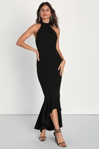 Elegant Grace Black Tiered Halter High-Low Maxi Dress