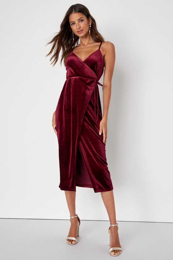 Lulus Undeniable Allure Burgundy Velvet Surplice Wrap Midi Dress