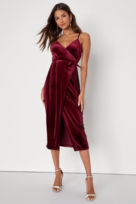 Undeniable Allure Burgundy Velvet Surplice Wrap Midi Dress