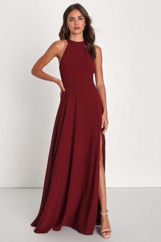 Lulus Confidently Charismatic Burgundy Backless Halter Maxi Dress