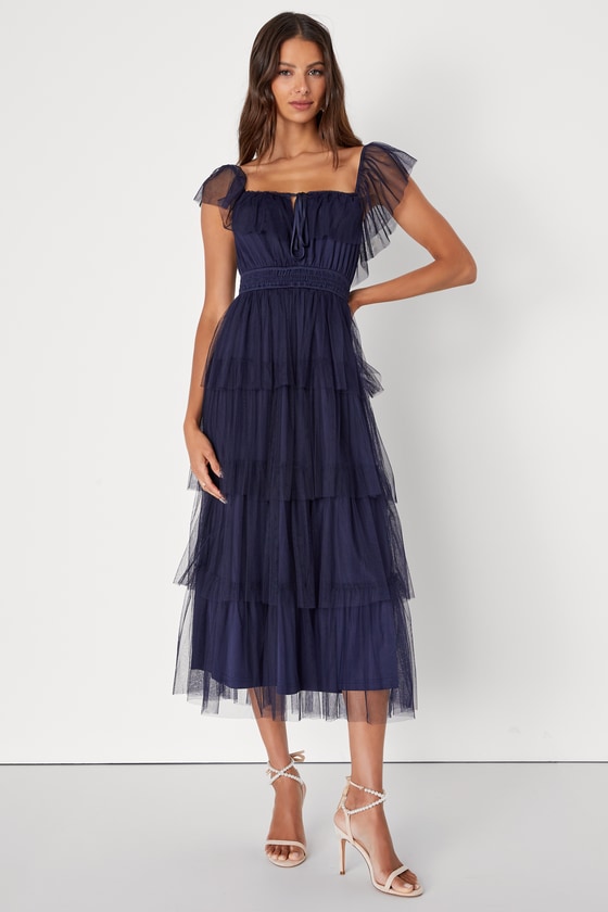 Lulus Tier I Come Navy Blue Tulle Square Neck Tiered Midi Dress