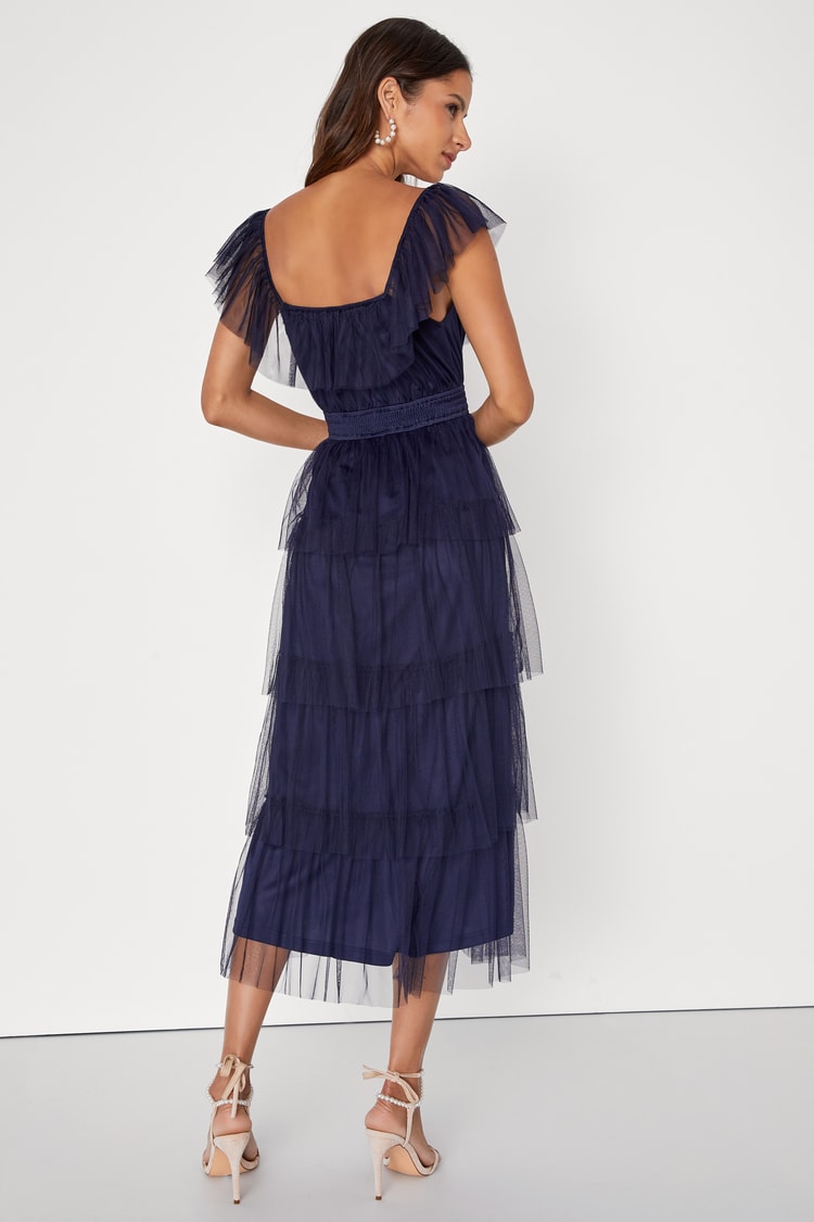 Tier I Come Navy Blue Tulle Square Neck Tiered Midi Dress