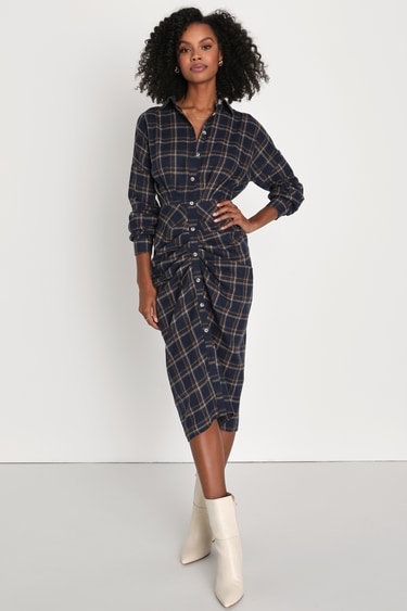 Seasonal Spirit Navy Blue Plaid Ruched Long Sleeve Midi Dress