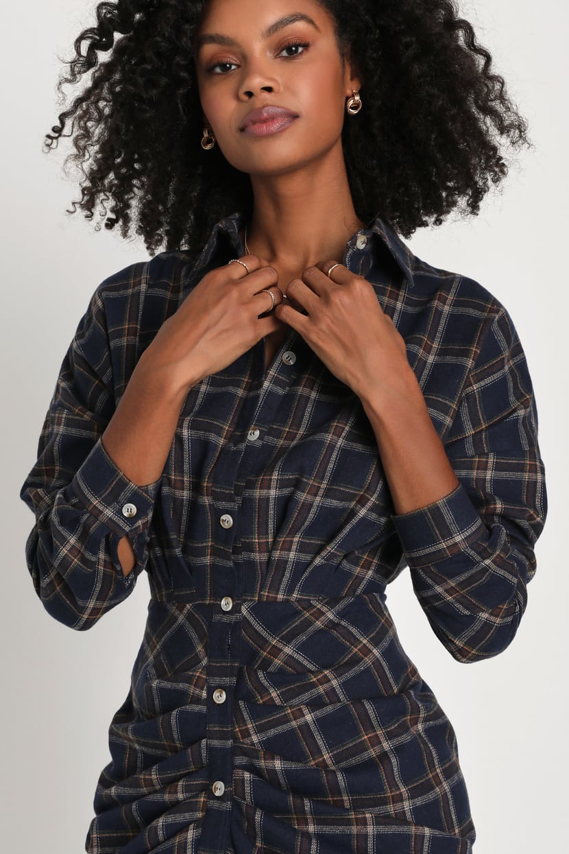 Navy Blue Plaid Dress - Ruched Long Sleeve Dress - Midi Dress - Lulus