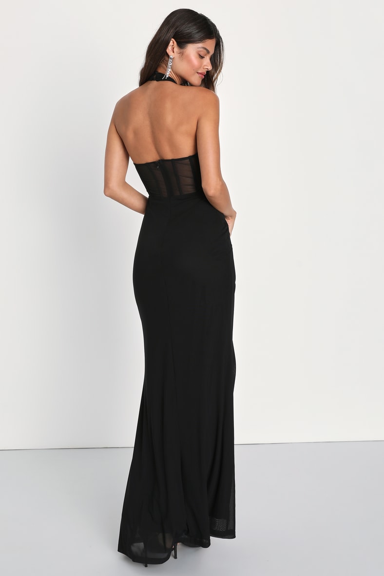 Never-Ending Glamour Black Mesh Cross-Front Halter Maxi Dress