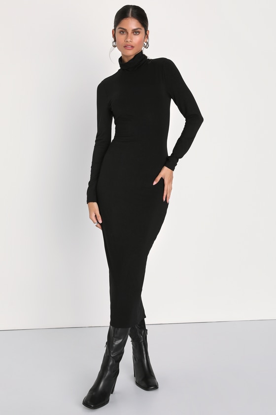 Jersey Knit Midi Dress - Turtleneck Midi Dress - Black Midi Dress - Lulus
