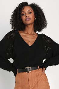 Trend Maker Black Pointelle Knit V-Neck Sweater