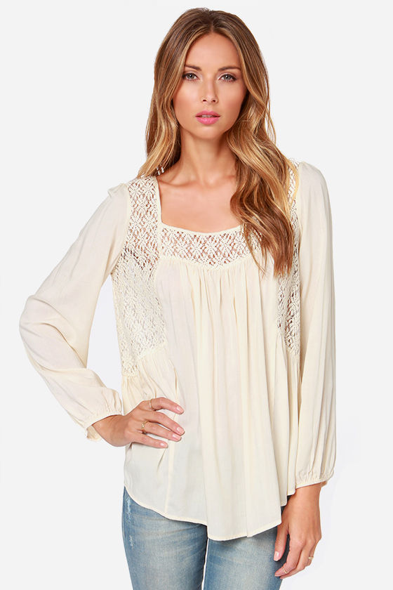 Lace Cream Top Long Sleeve Top 38.00 Lulus