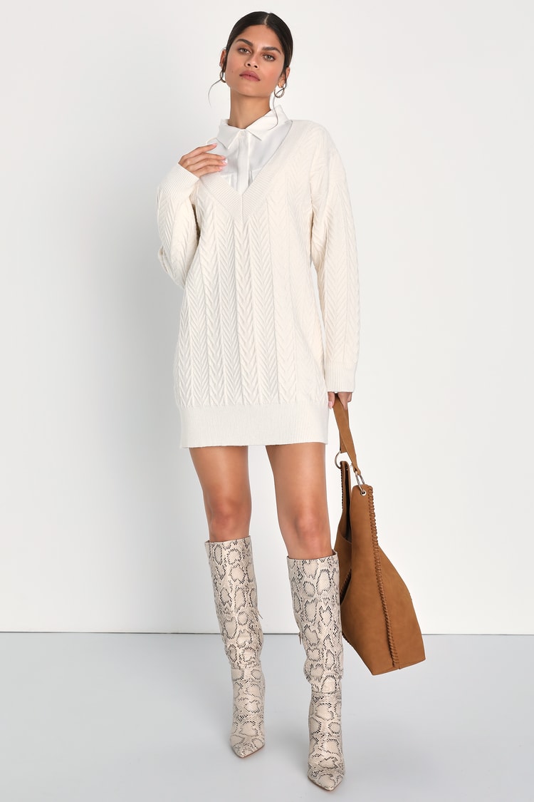 Ivory Geometric Dress - Textured Sweater Dress - Knit Mini Dress - Lulus