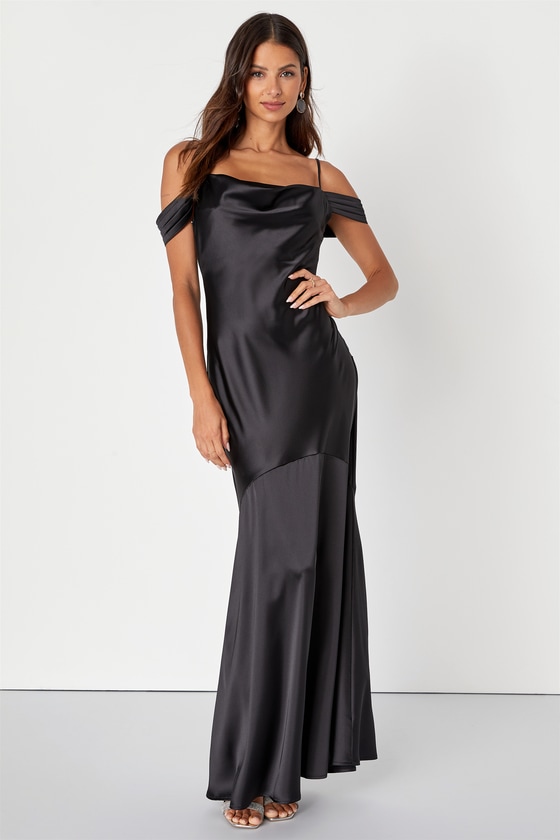 Lulus Regal Essence Black Satin Cowl Neck Cold-shoulder Maxi Dress