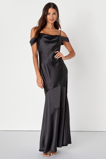 Regal Essence Black Satin Cowl Neck Cold-Shoulder Maxi Dress