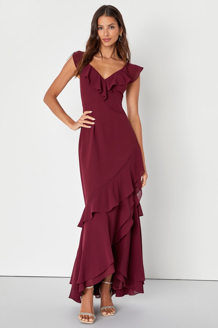 navy blue dress for baby girl Charming Event Burgundy Asymmetrical Ruffled Maxi Dress