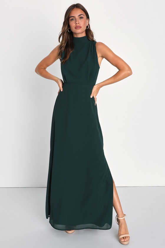 Emerald Chiffon Dress - A-Line Mock Neck Dress - Maxi Dress - Lulus