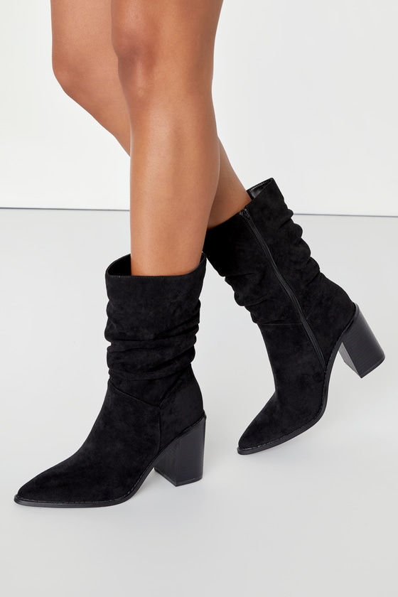 Lulus Penelopie Black Suede Pointed-toe Mid-calf High Heel Boots
