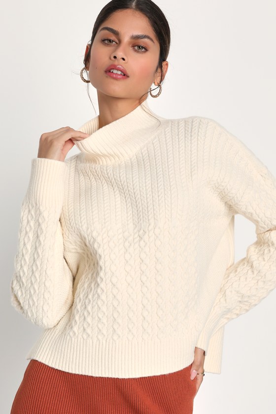 Ivory Cable Knit Sweater - Mock Neck Sweater - Chunky Sweater - Lulus