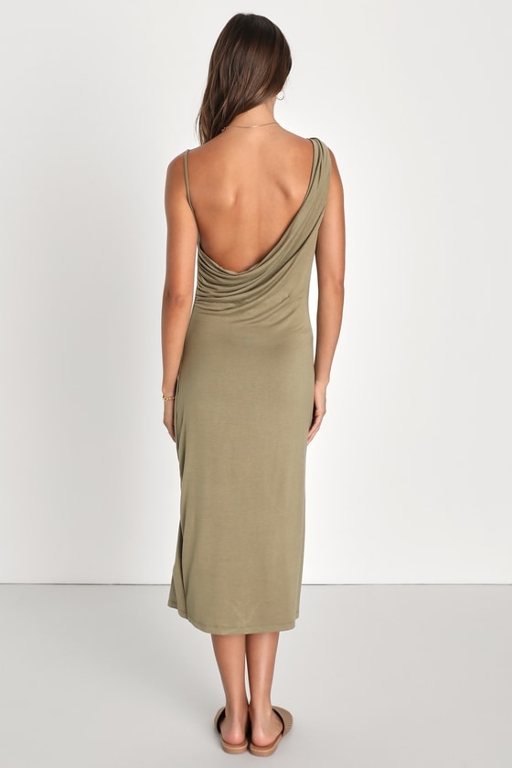 My Best Side Olive Green Asymmetrical Cowl Neck Midi Dress 7