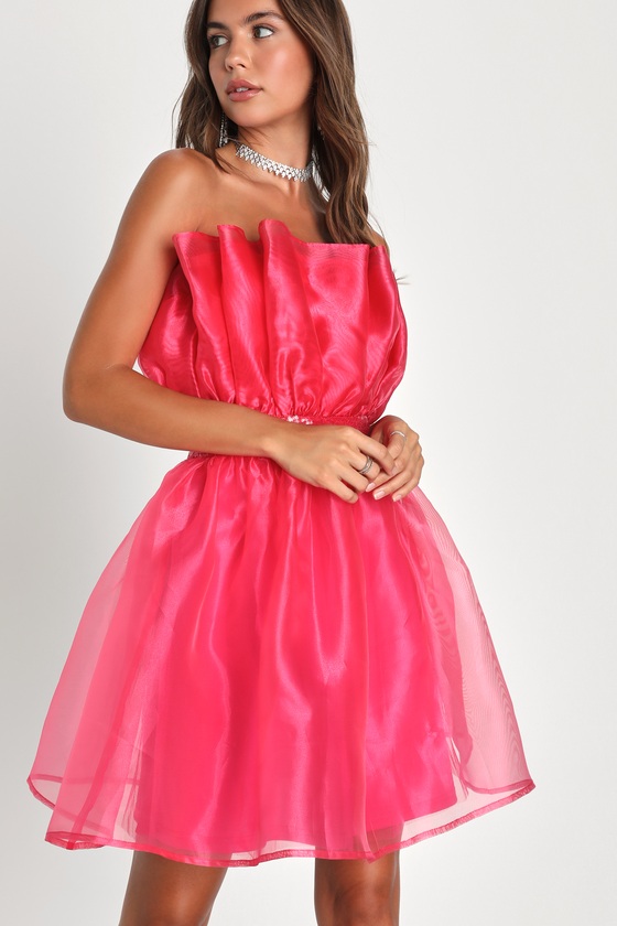 Lulus Extravagant Presence Hot Pink Sequin Strapless Mini Dress
