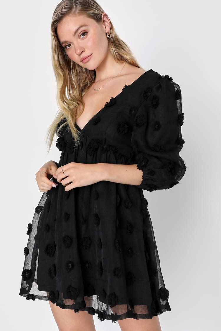 black mini dress babydoll Flower Printed Velvet Babydoll Mini Dress Black Small
