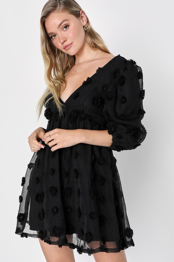 Black Pompom Dress - Babydoll Mini Dress - 3/4 Sleeve Dress - Lulus