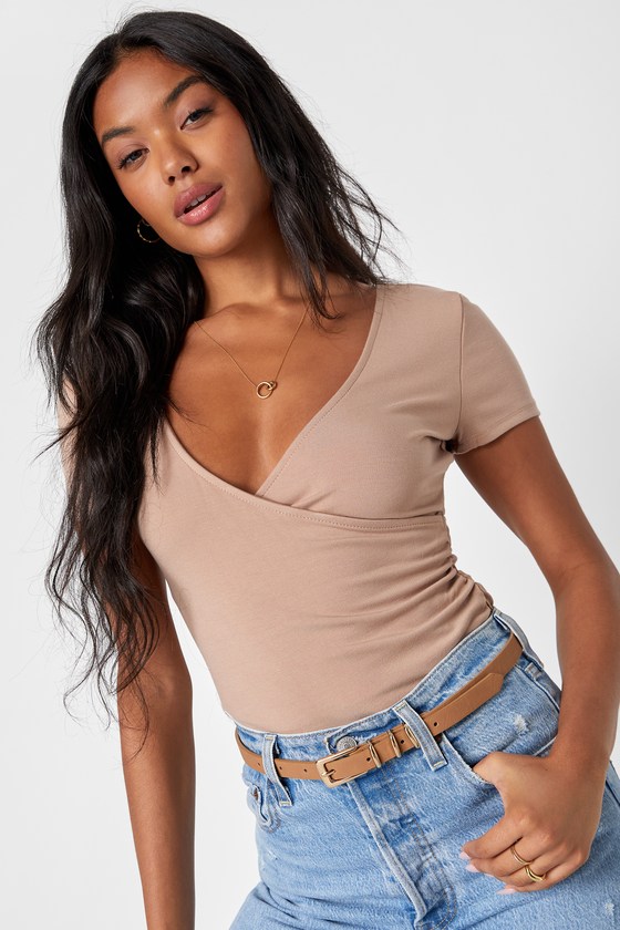 Taupe Short Sleeve Top - Ruched Top - Surplice Short Sleeve Top - Lulus