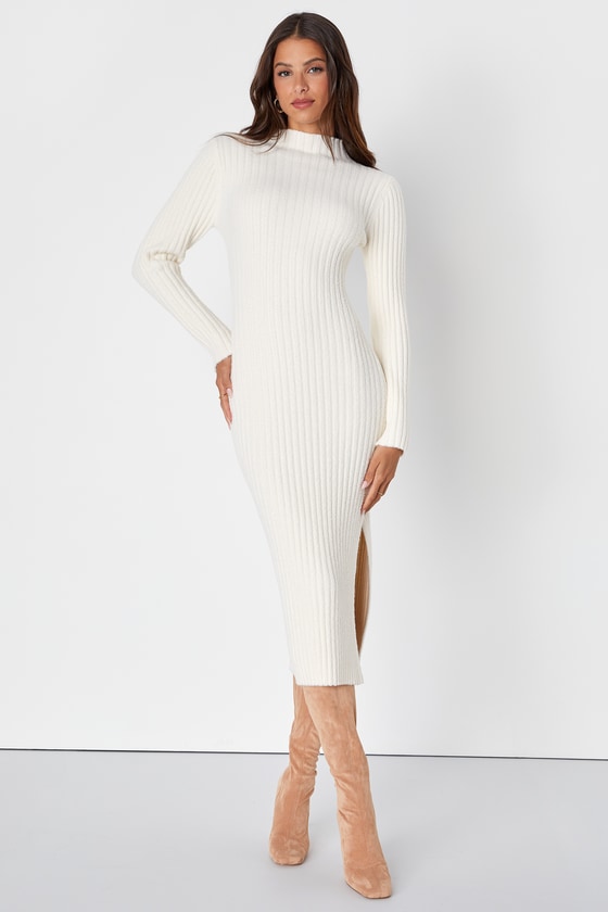 Lulus Irresistible Feelings Ivory Fuzzy Knit Midi Sweater Dress