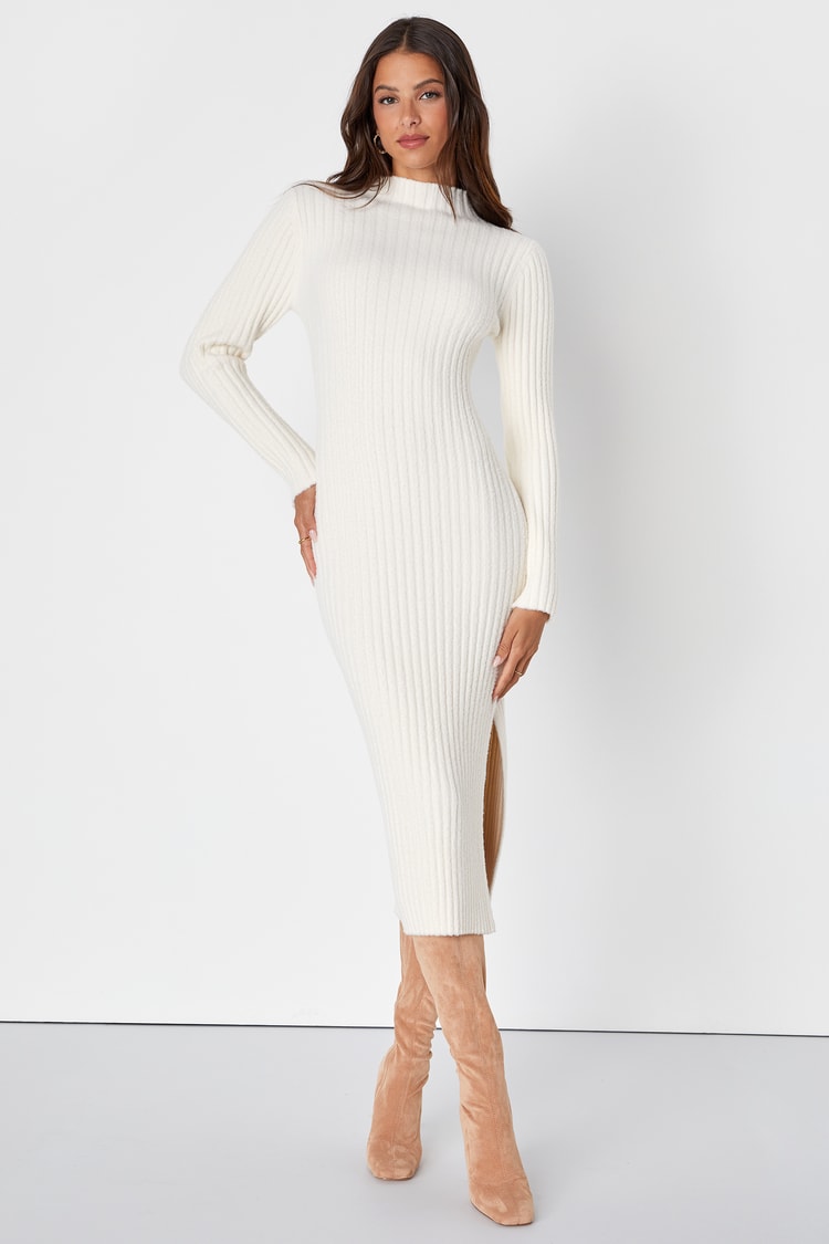 Ivory Midi Sweater Dress - Eyelash Knit Dress - Mock Neck Dress - Lulus