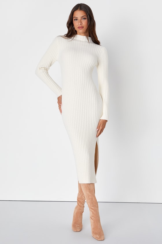 Ivory Midi Sweater Dress - Fuzzy Knit Dress - Mock Neck Dress - Lulus