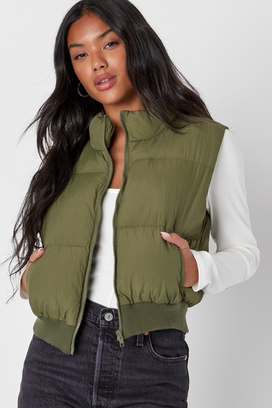 Warm Aesthetic Olive Green Mock Neck Puffer Vest