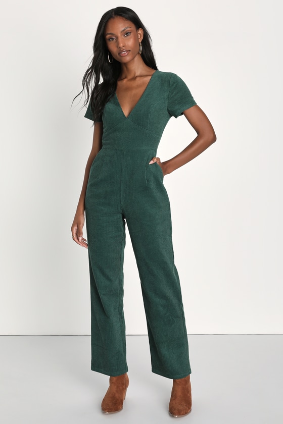 Lulus Absolute Cutest Dark Green Corduroy Short Sleeve Jumpsuit