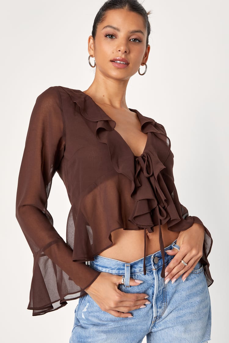 Thriving Flirt Brown Chiffon Ruffled Long Sleeve Tie-Front Top