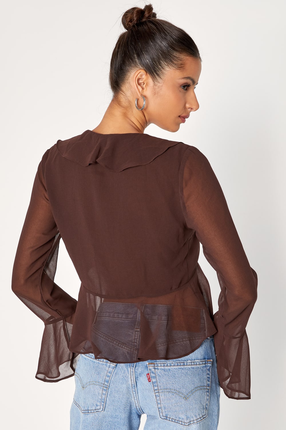 Thriving Flirt Brown Chiffon Ruffled Long Sleeve Tie-Front Top