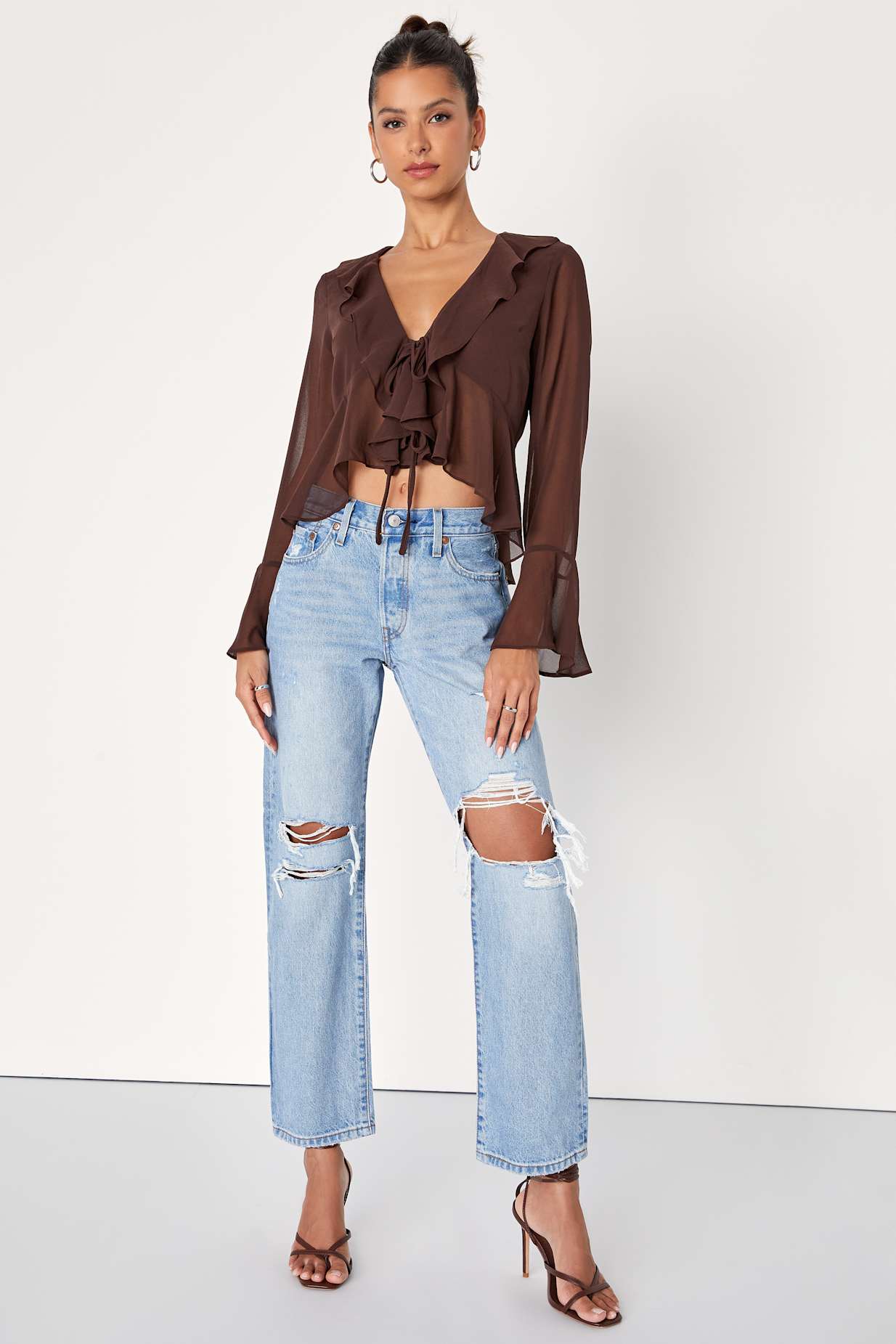 Thriving Flirt Brown Chiffon Ruffled Long Sleeve Tie-Front Top