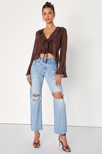 Thriving Flirt Brown Chiffon Ruffled Long Sleeve Tie-Front Top 3