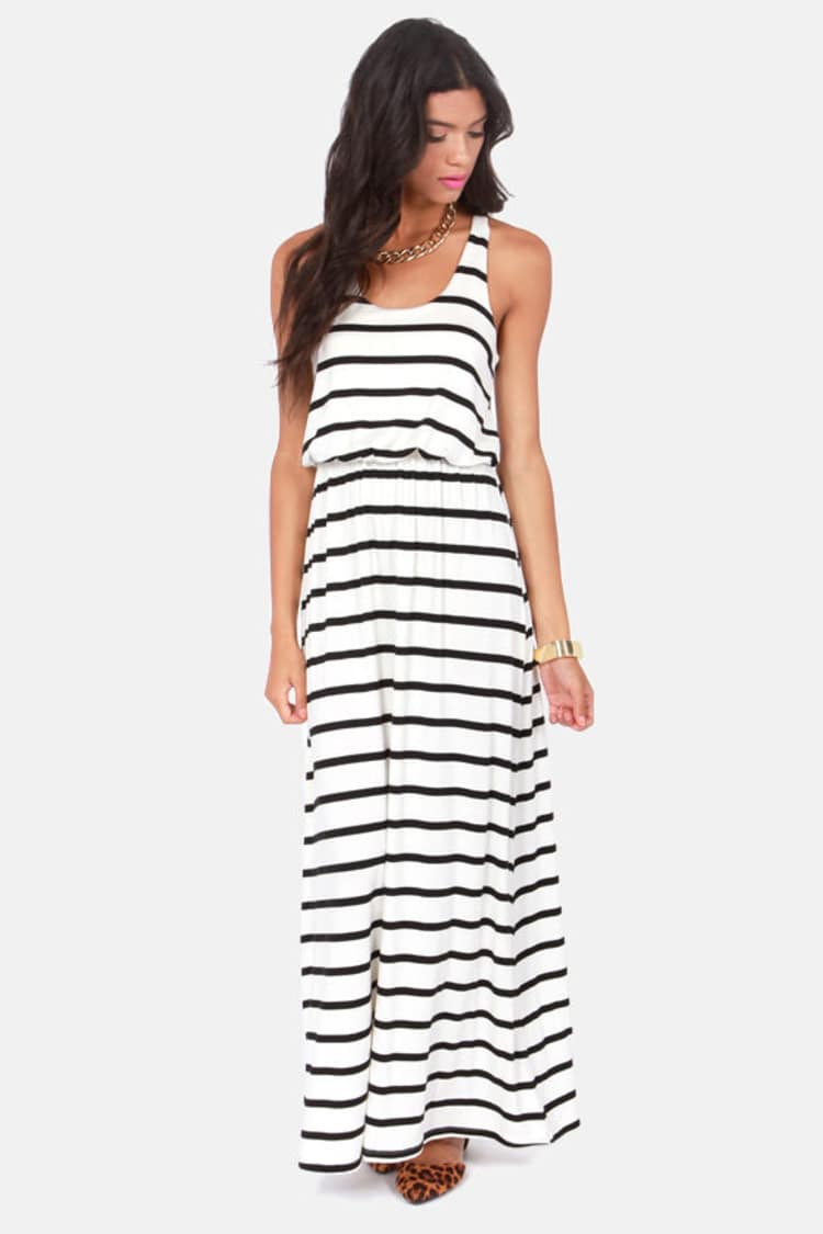 light blue mini dress flowy Weasel Wear Sandworm Striped Maxi Dress Black White