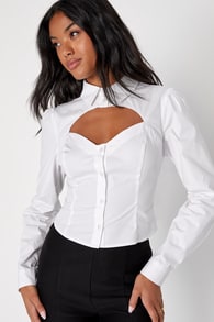 Sartorially Sultry White Cutout Long Sleeve Button-Up Top