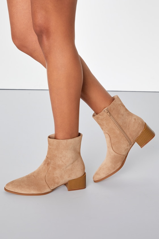 Lulus Oakleigh Camel Suede Pointed-toe Ankle High Heel Boots In Brown