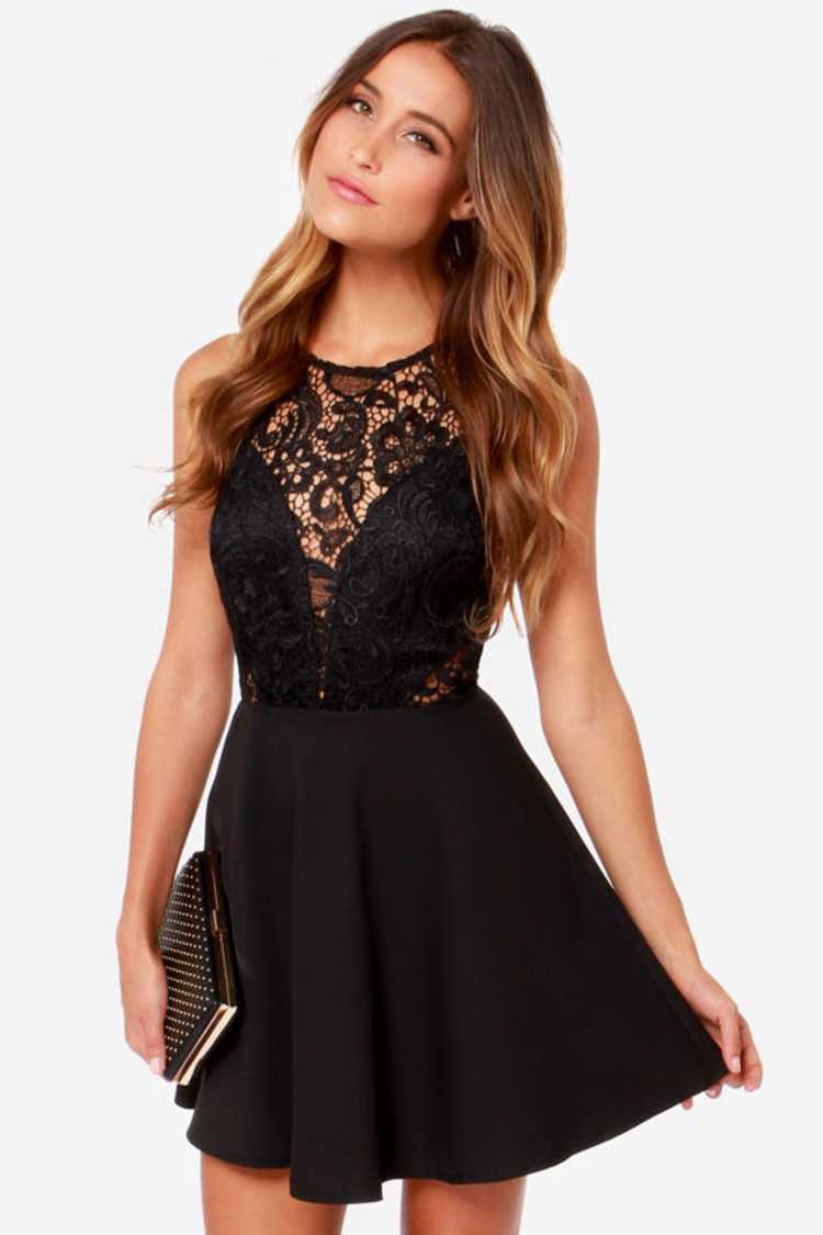 perfect evening black lace skater dress Bragging Rights Black Lace Long Sleeve Skater Dress