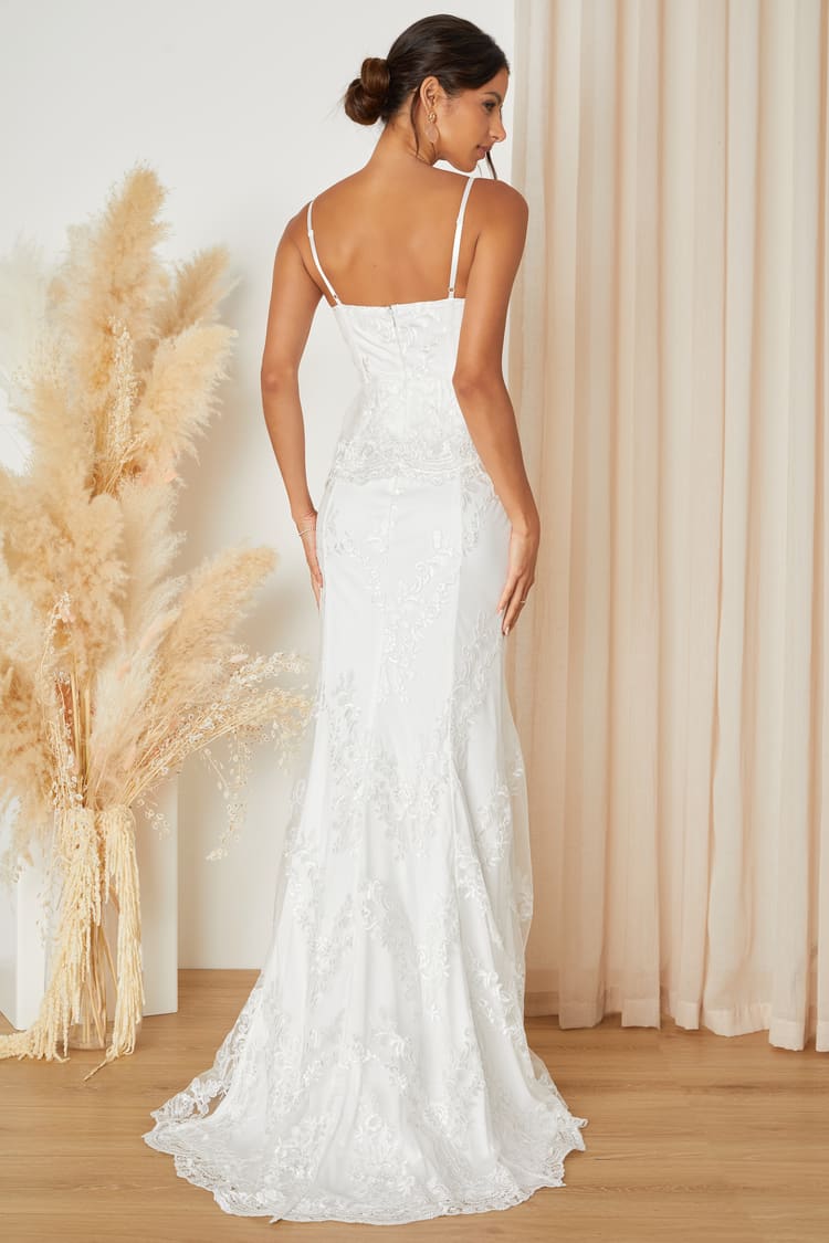 Eternal Passion White Lace Bustier Peplum Mermaid Maxi Dress