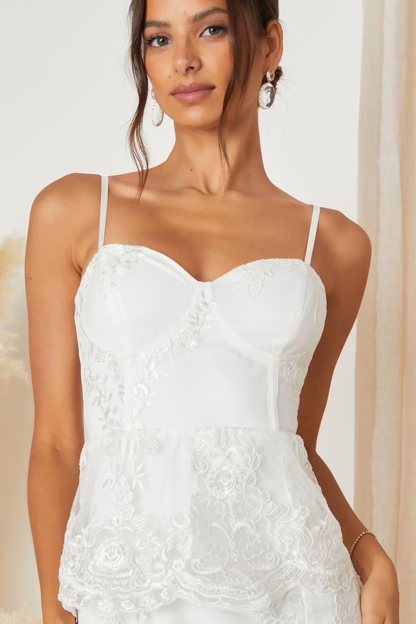 Eternal Passion White Lace Bustier Peplum Mermaid Maxi Dress