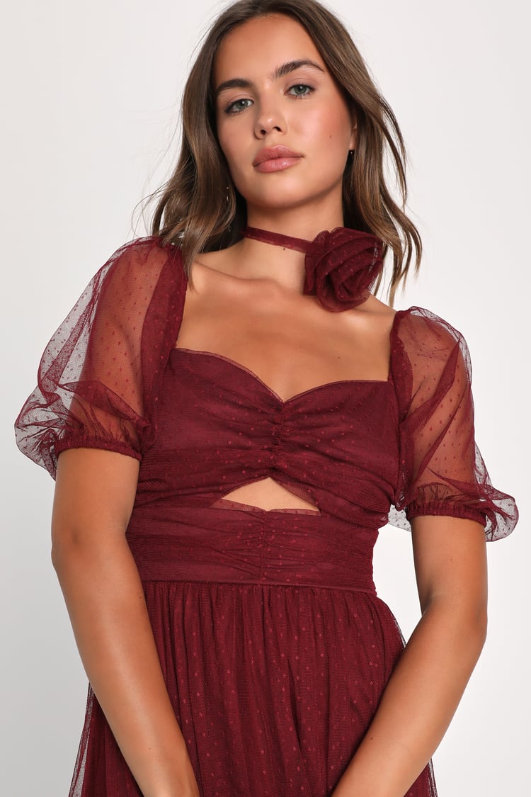 Lovely Instinct Burgundy Swiss Dot Midi Dress With Choker