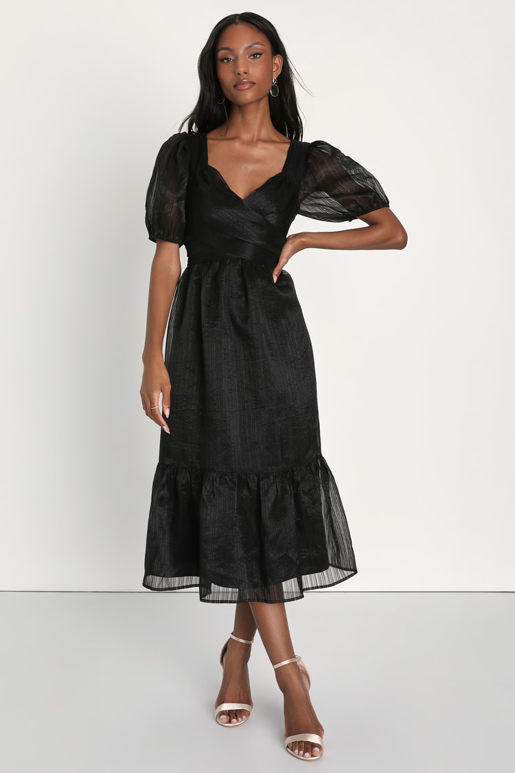 Celebratory Moment Black Surplice Puff Sleeve Midi Dress