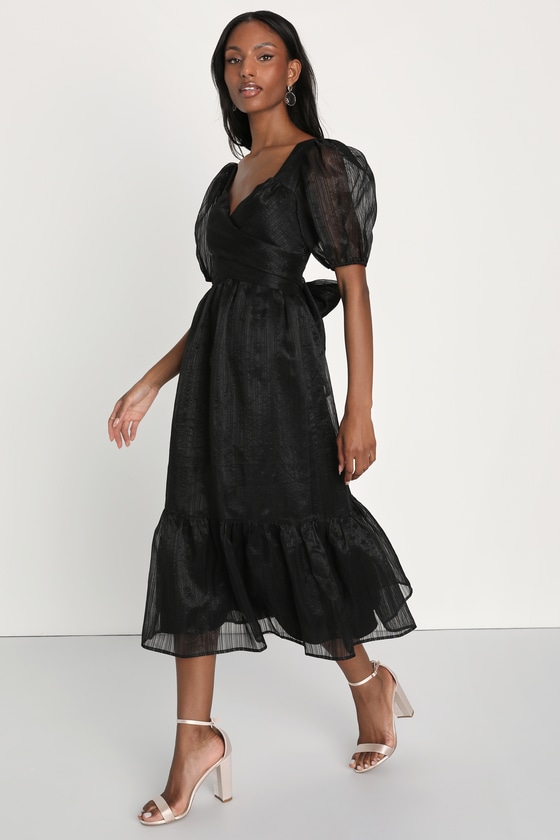 Black Surplice Neck and Puff Sleeve Maxi Dress main image 1