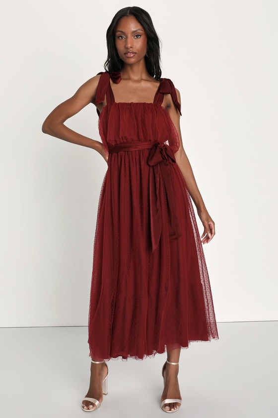 Wine Red Mesh Dress - Swiss Dot Dress - Tie-Strap Midi Dress - Lulus
